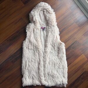 Say What Womens Plus 1X Cream Shaggy Faux Fur Hooded Vest Open Front Lined